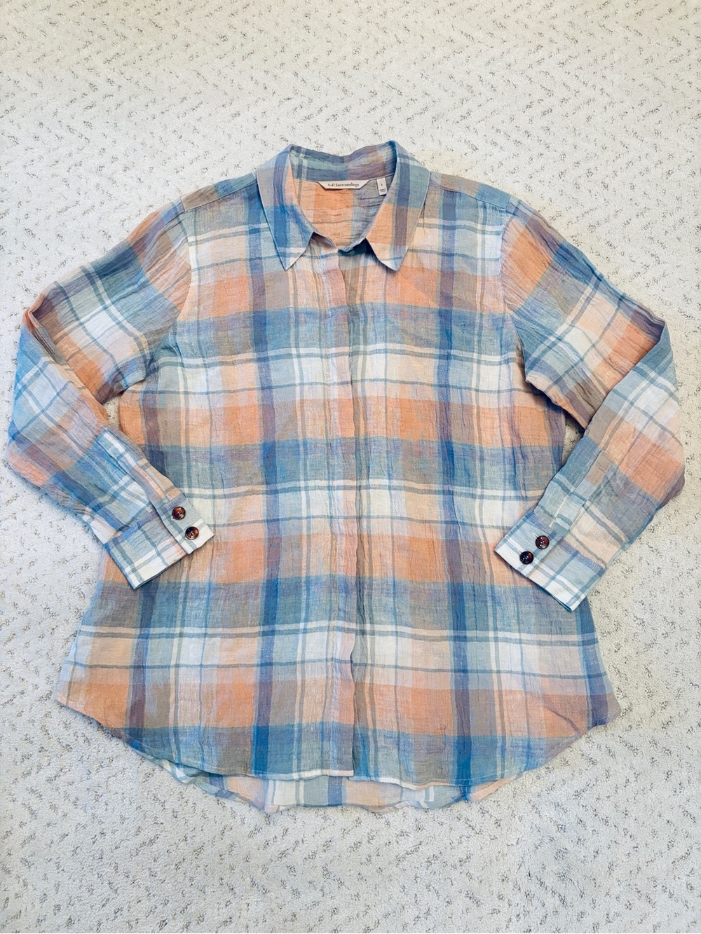 Soft Surroundings Linen Button Up Tunic Shirt Size L Oversized Pastel Plaid